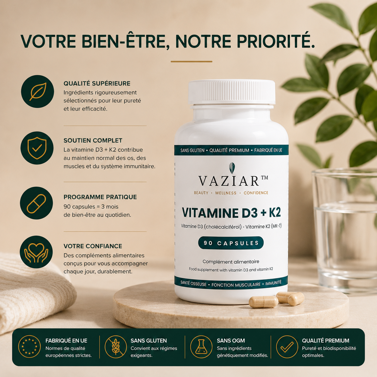 Vitamine D3 + K2 – 90 Capsules